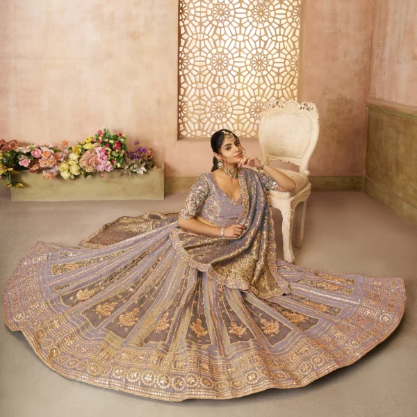 Onion Color Brocade Bridal Lehenga with Banarasi Patches and Zari Panel Work
