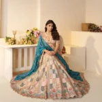 Powder Blue Position Print Jaal Patterned Party Wear Lehenga with Sequin and Aari Work - Image 2