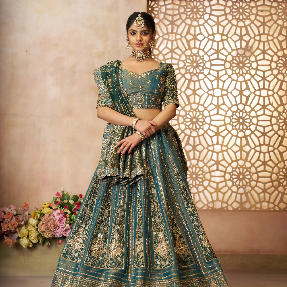 re.webp Regal Green Tissue Base, Banarasi Patches and Zari Work Designer Lehenga - Image 1